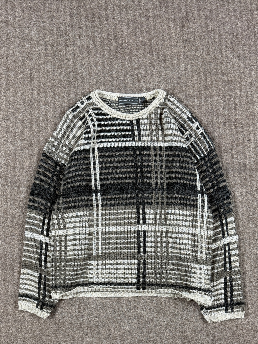 Vintage Grey White Geometric Plaid Pullover Crewneck Knit Sweater Men’s L 90s